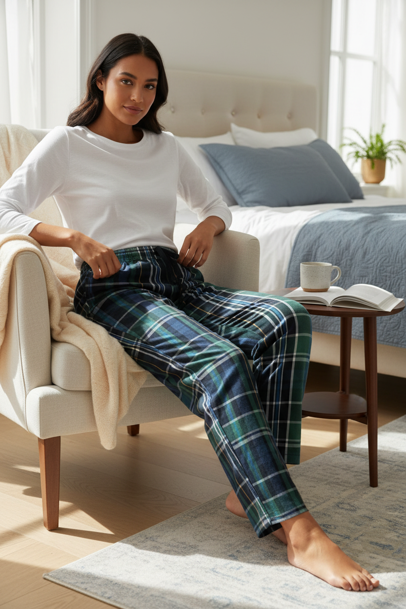 Femme assise dans un fauteuil portant un pantalon Frippindealz en coton vert à carreaux style pyjama confortable