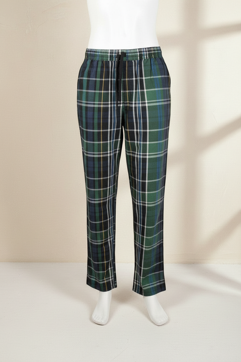 Pantalon en coton Frippindealz à carreaux verts, bleus et blancs avec taille élastique et cordon de serrage