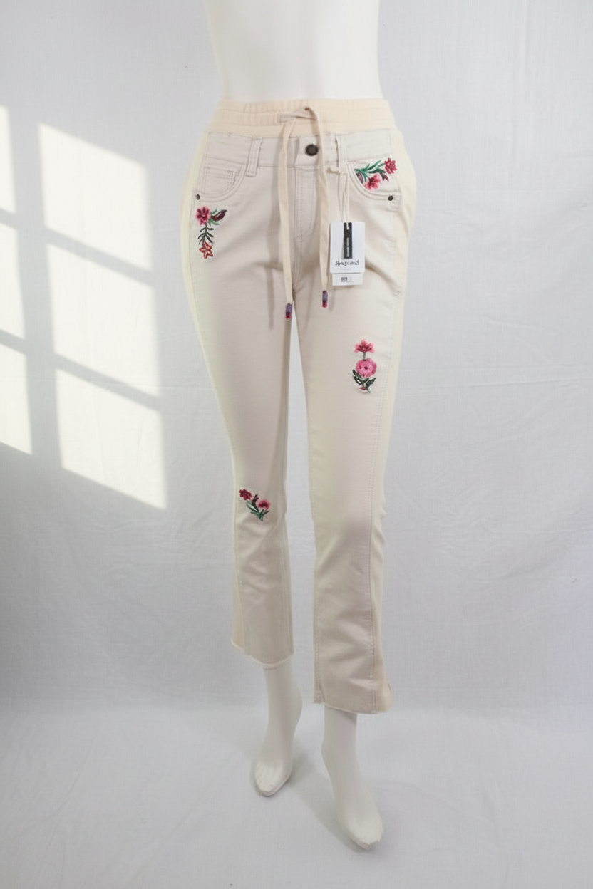Pantalon ajusté Frippindealz Desigual beige en coton avec broderies florales colorées et taille élastiquée