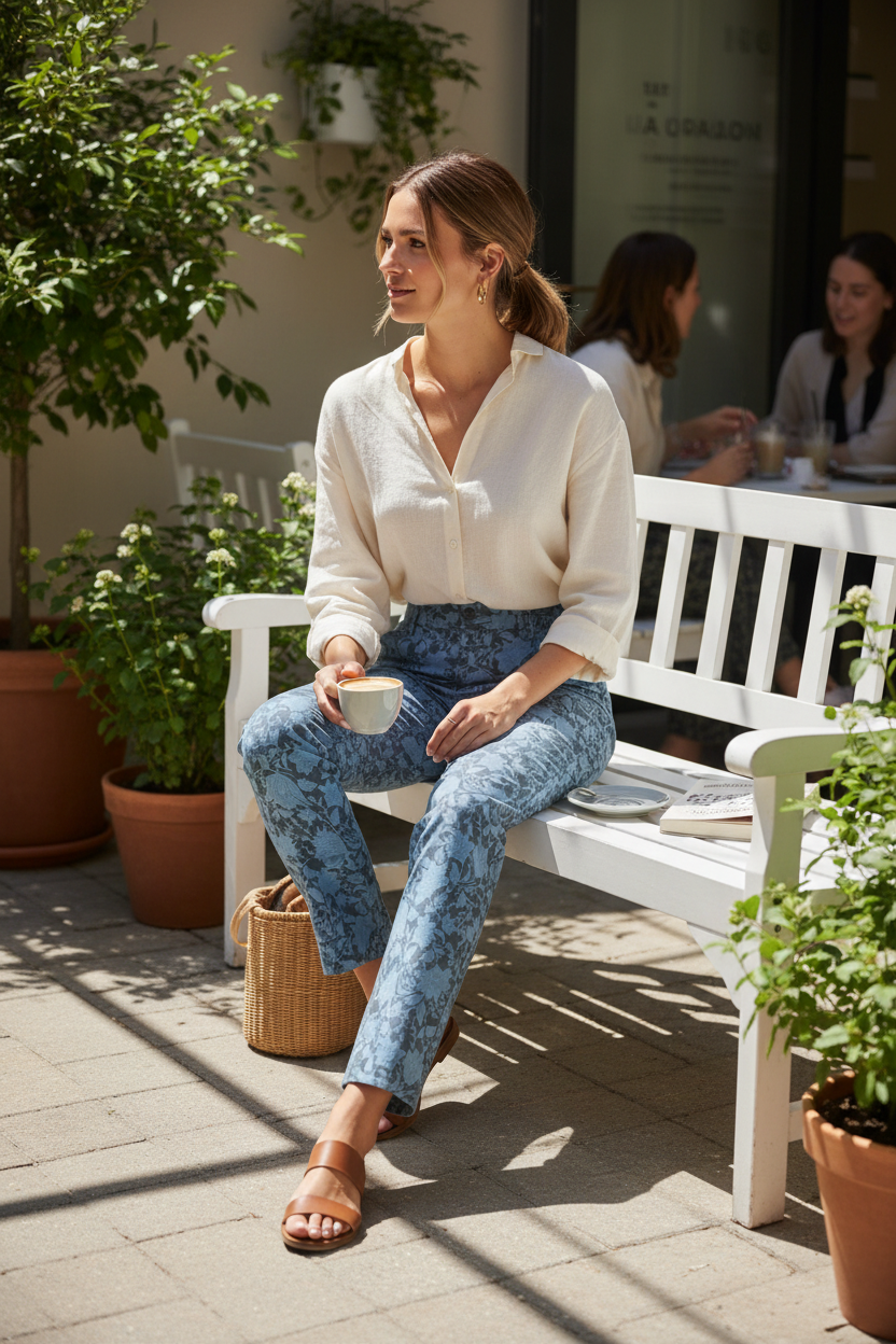 Pantalon droit Frippindealz bleu à imprimé floral porté par une femme assise sur un banc en terrasse