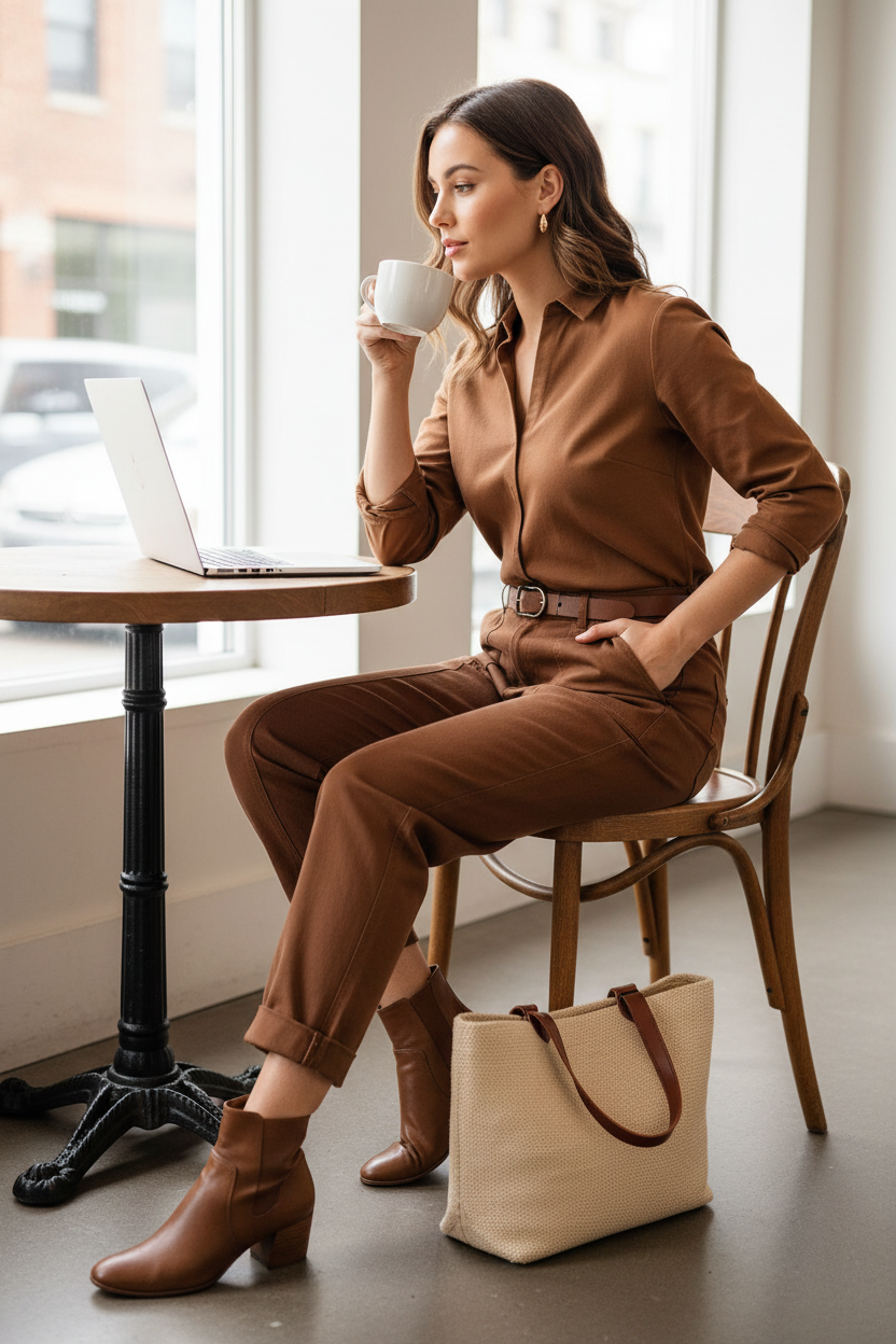 Femme portant un pantalon droit marron Frippindealz en coton avec taille haute et poches, style élégant et moderne.