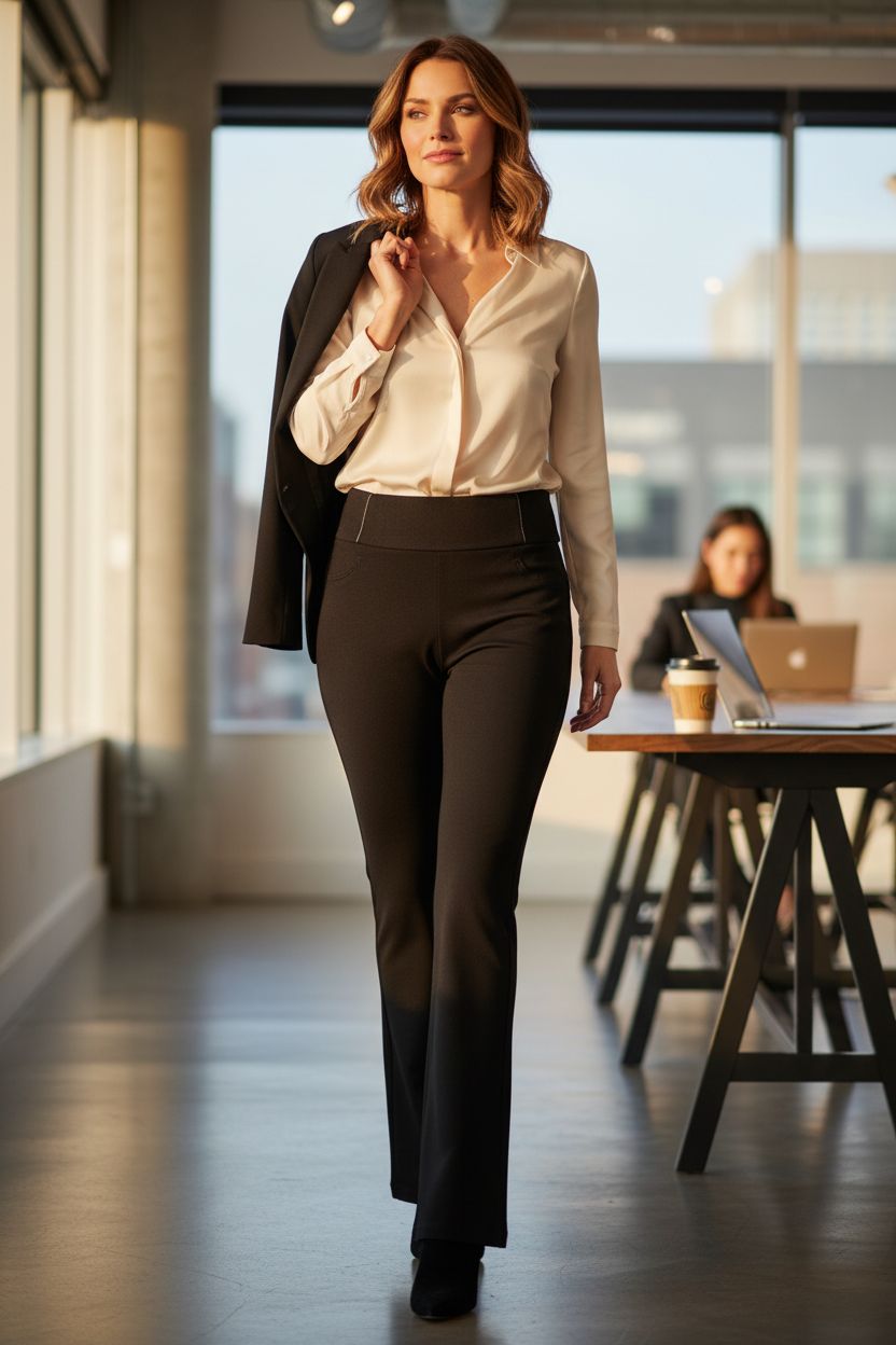 Femme portant un pantalon droit noir Frippindealz taille haute avec un chemisier beige dans un bureau moderne