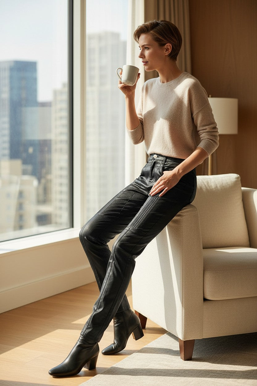 Femme portant un pantalon droit noir Frippindealz en coton, assis près d'une fenêtre avec une tasse de café.