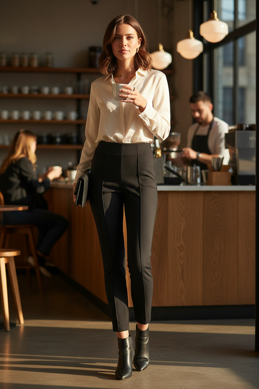 Femme portant un pantalon droit noir Frippindealz en coton avec taille haute et coutures apparentes dans un café