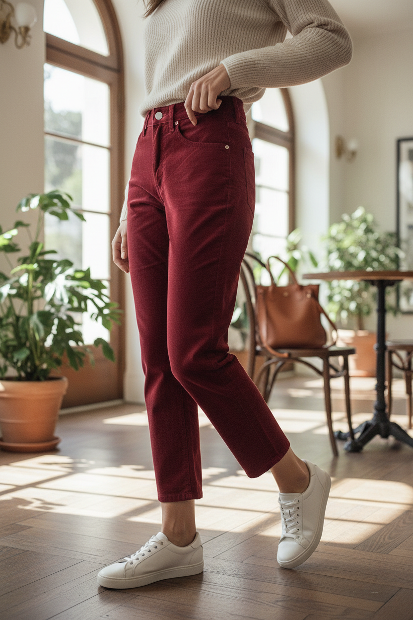 Pantalon droit en velours côtelé rouge Frippindealz porté avec un pull beige et des baskets blanches