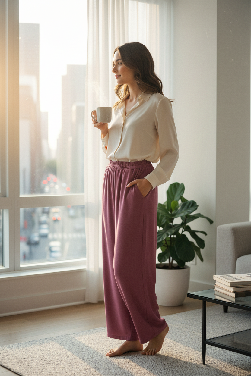 Femme portant un pantalon large vieux rose Grace & Mila de chez Frippindealz avec une chemise crème près d'une fenêtre