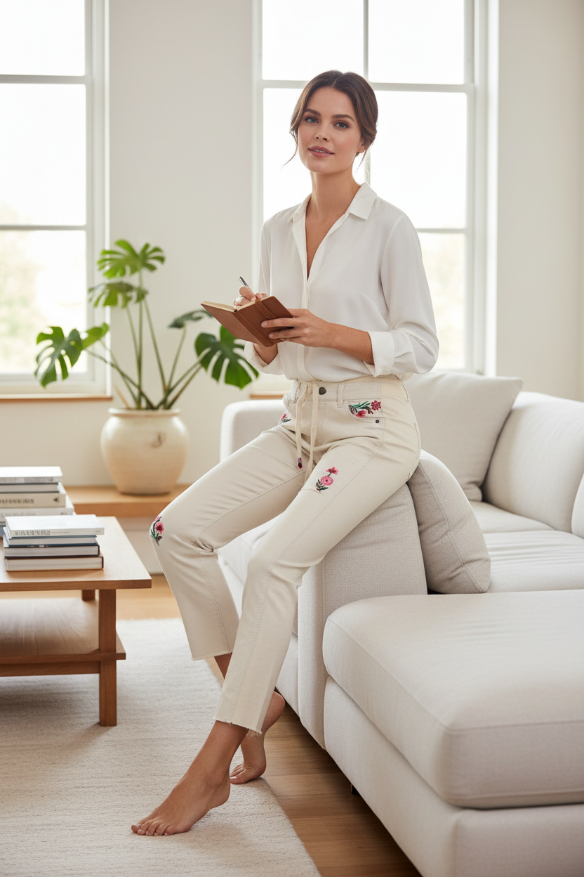 Femme assise sur un canapé portant un pantalon jogger Frippindealz beige en coton avec broderies florales colorées