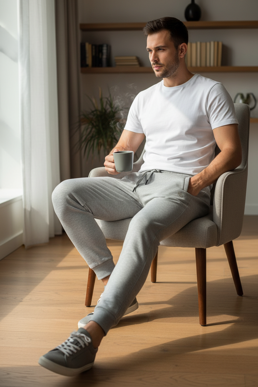 Homme portant un pantalon de jogging Frippindealz DML Jeans gris chiné en coton et polyester, assis dans un fauteuil.