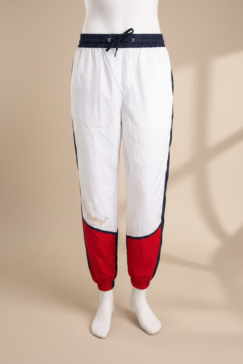 Pantalon jogging Frippindealz Tommy Hilfiger en polyamide blanc, bleu et rouge style rétro 90s avec taille élastique