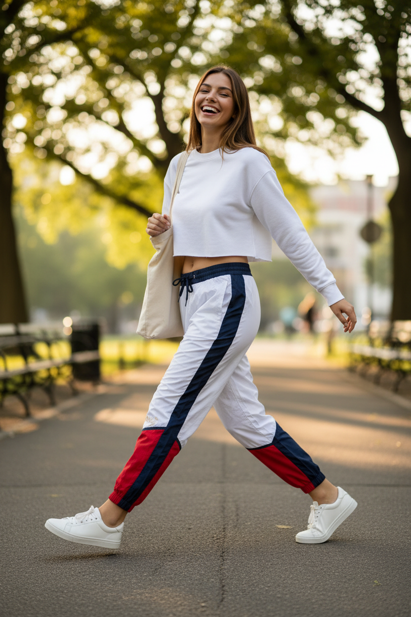 Femme portant un pantalon de jogging Frippindealz Tommy Hilfiger en polyamide tricolore bleu blanc et rouge