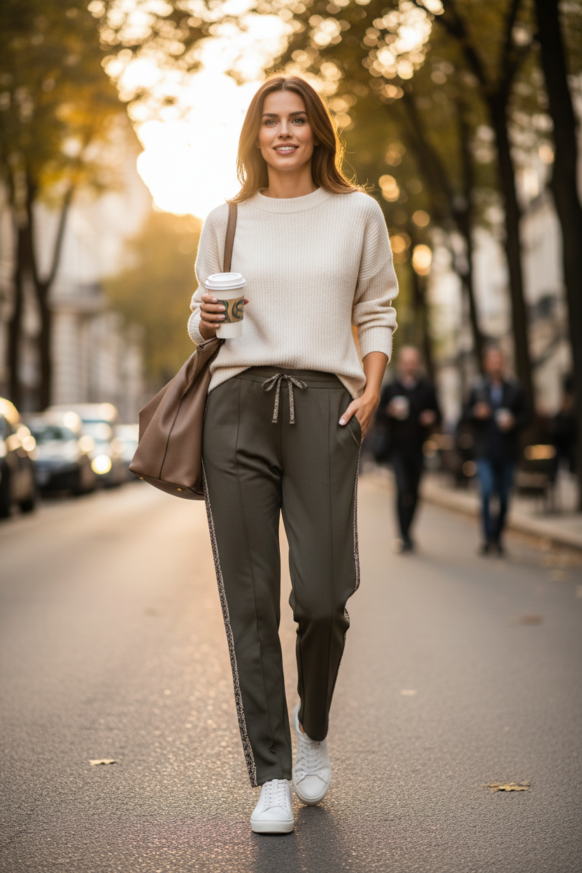 Femme portant un pantalon K-DESIGN kaki à bandes pailletées et taille élastiquée, style urbain chic en extérieur.