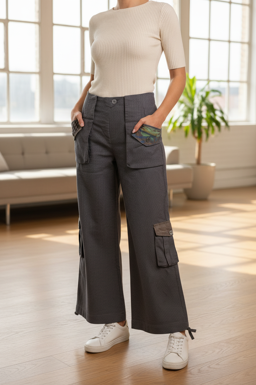Pantalon large gris Frippindealz en coton avec poches avant à motifs et poches cargo latérales