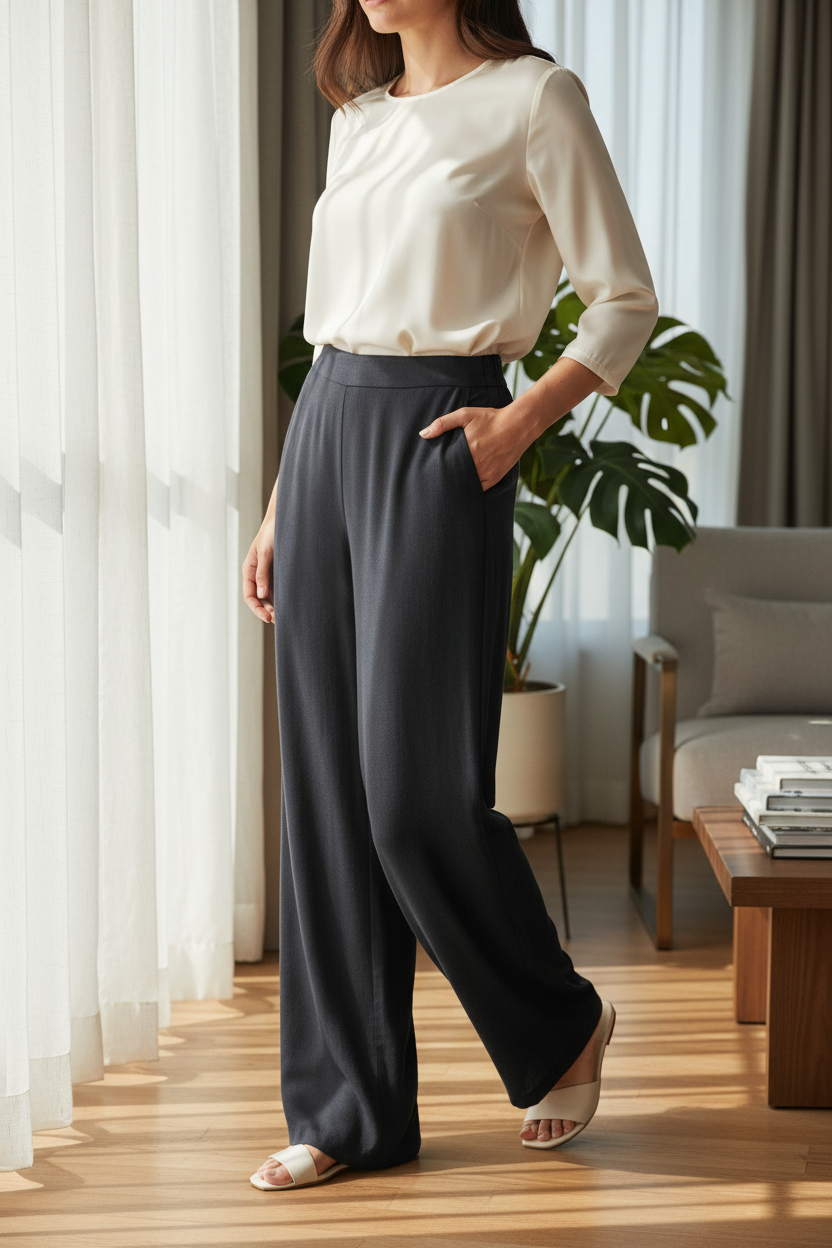 Pantalon large noir Vero Moda en viscose fluide porté par une femme avec un chemisier crème, style chic et décontracté