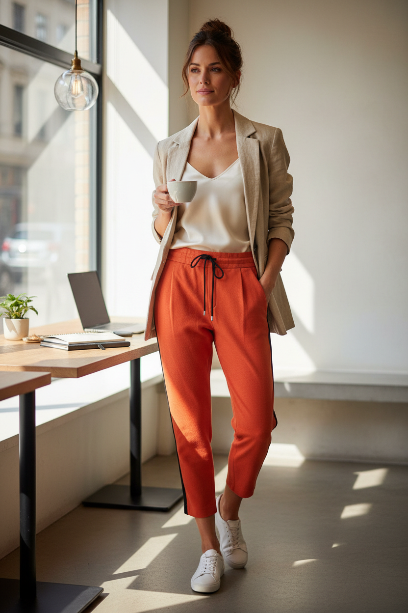 Pantalon orange Frippindealz en mélange de laine, polyester et viscose avec taille élastique et cordon de serrage