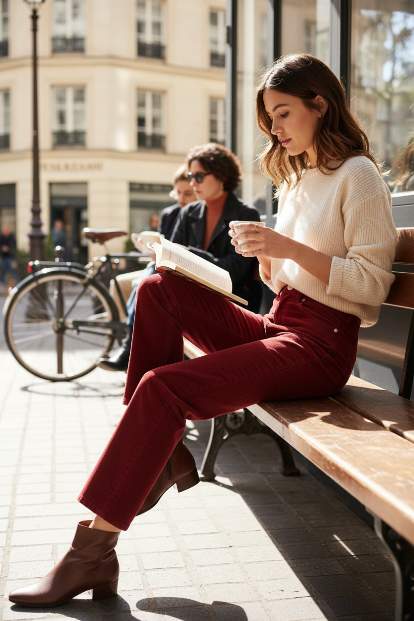 Femme assise sur un banc portant un pantalon rouge Tommy Hilfiger en coton et élasthanne de chez Frippindealz