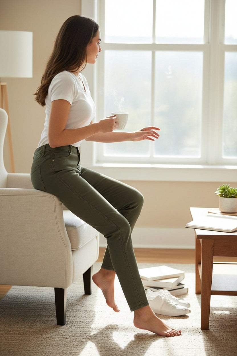 Femme assise dans un fauteuil portant un pantalon skinny kaki C'est beau la vie avec un t-shirt blanc