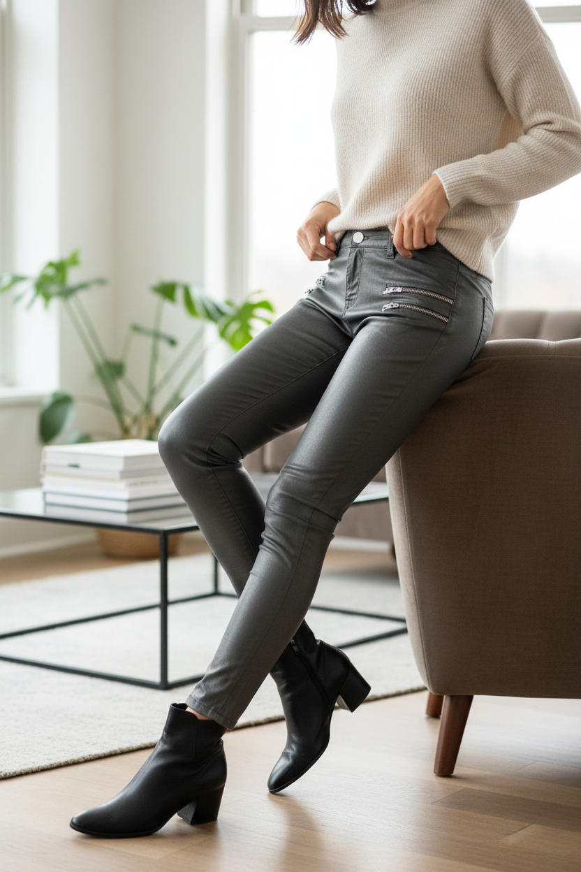 Pantalon slim gris métallisé Frippindealz avec détails zippés, coupe ajustée en coton et polyester pour femme