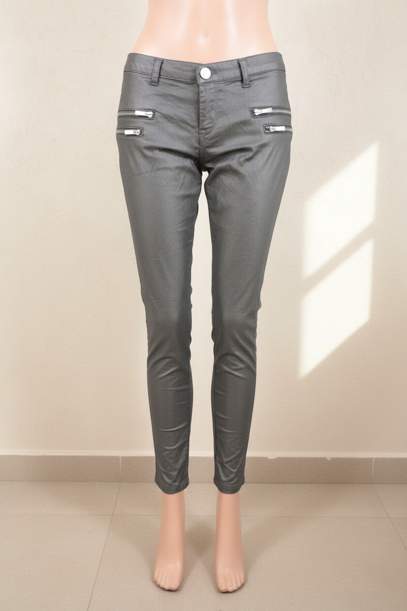 Pantalon slim gris métallisé Frippindealz en coton et polyester avec détails zippés pour un look casual moderne