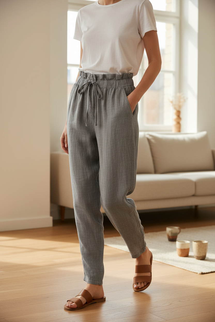 Pantalon Tolentino Frippindealz gris en ramie avec taille élastique ajustable et coupe décontractée