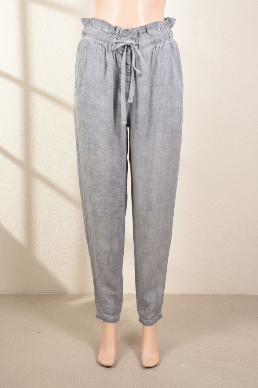 Pantalon Frippindealz Tolentino gris en ramie avec taille haute élastiquée ajustable et coupe décontractée