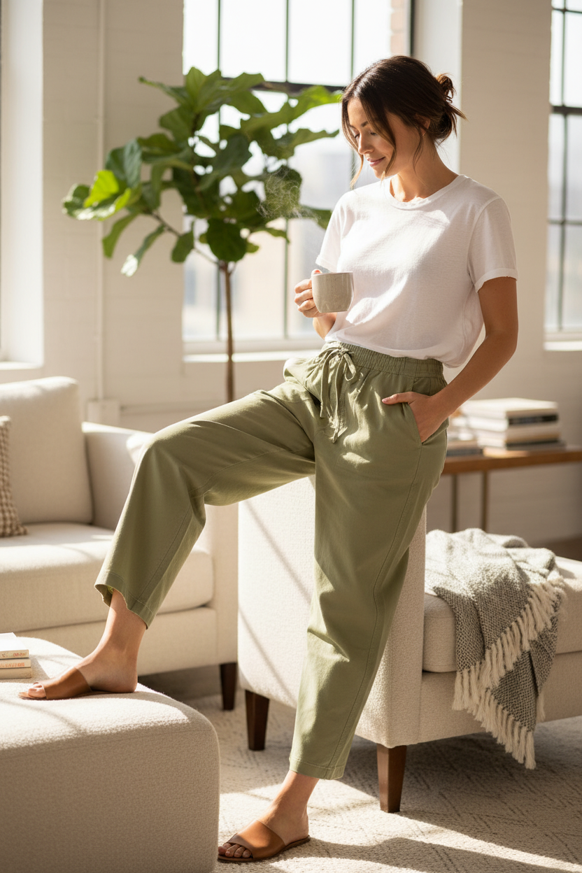 Femme portant un pantalon vert décontracté Frippindealz avec taille élastiquée et cordon de serrage dans un salon