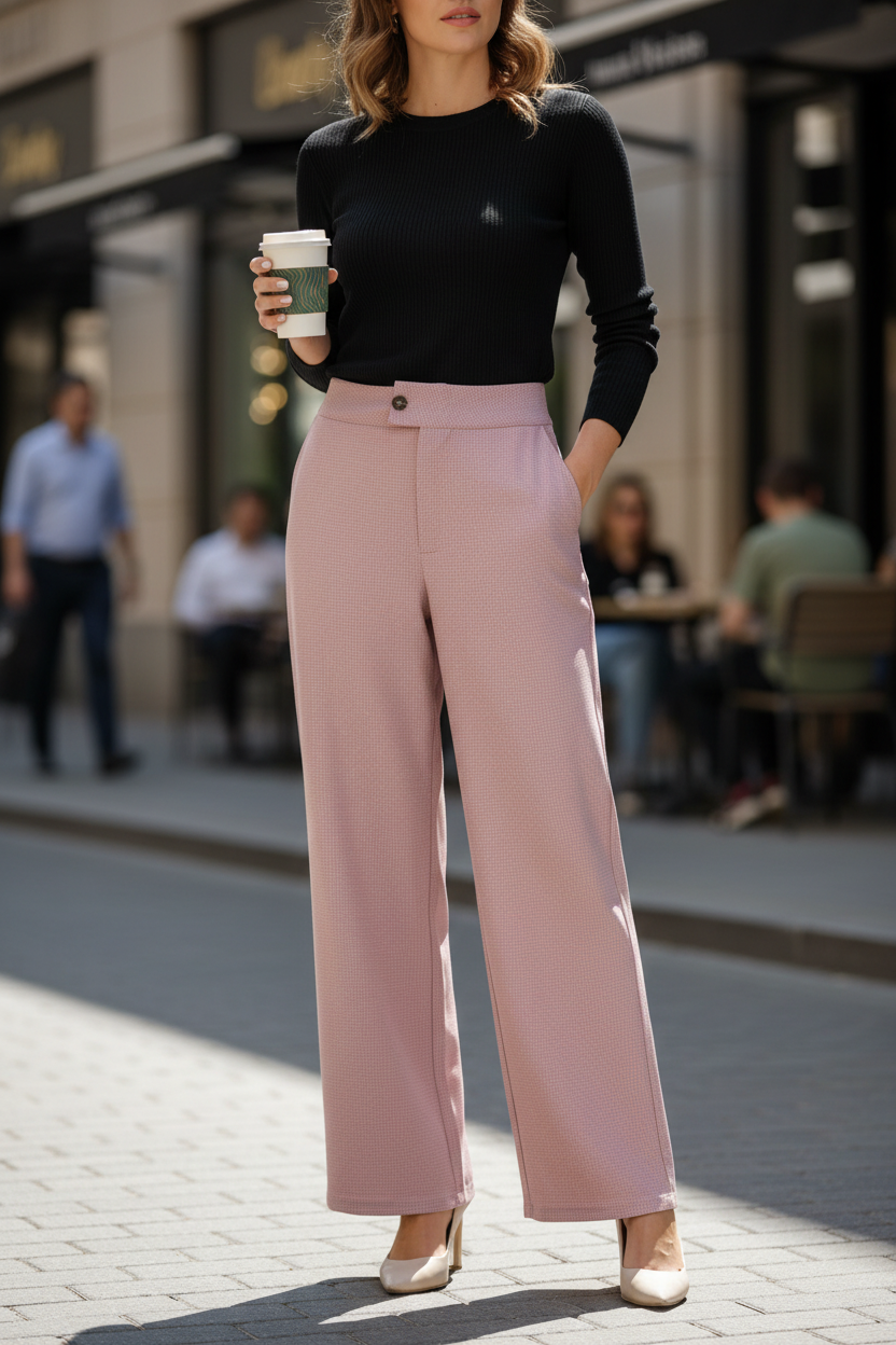 Pantalon Vila Joy vieux rose Frippindealz à coupe large et taille haute porté avec un pull noir en ville