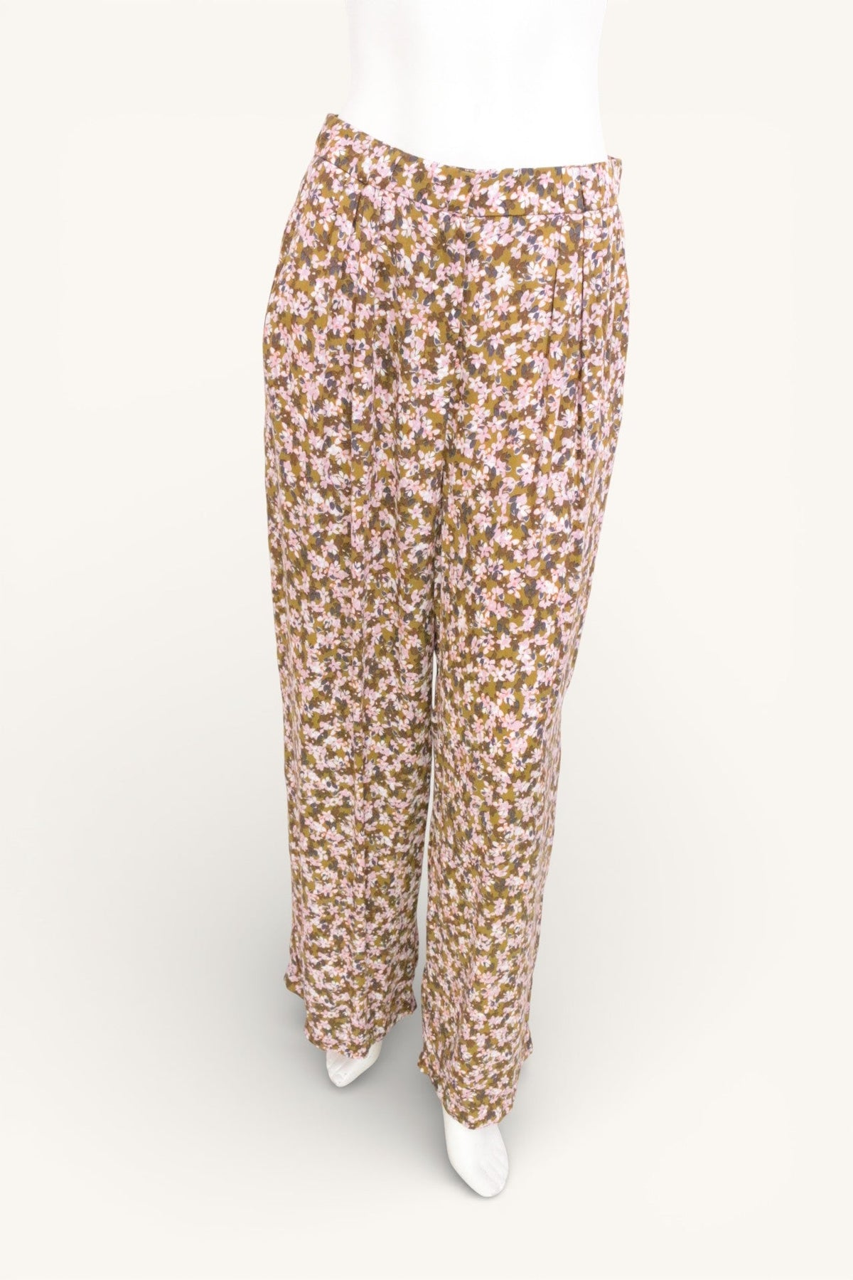 Pantalon large Frippindealz en viscose kaki et rose à motif floral bohème pour femme