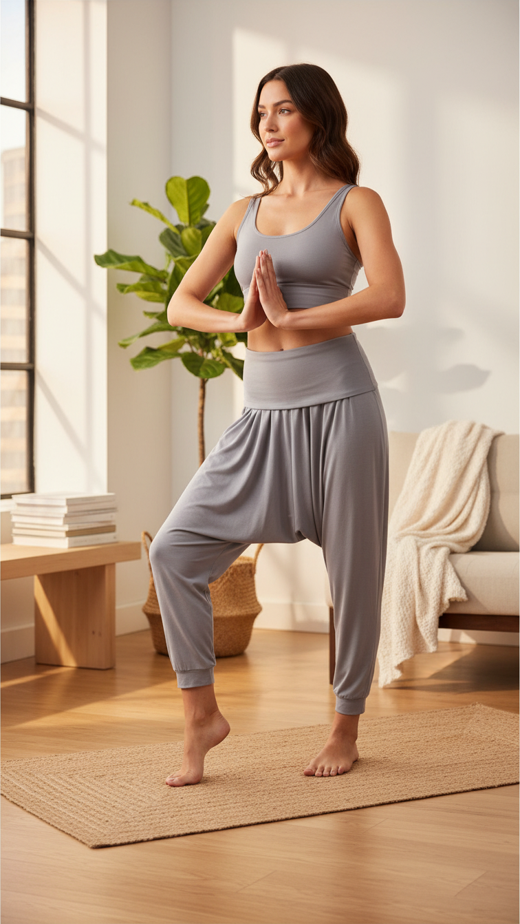 Femme pratiquant le yoga vêtue d'un ensemble Frippindealz composé d'un pantalon taupe en modal et polyester
