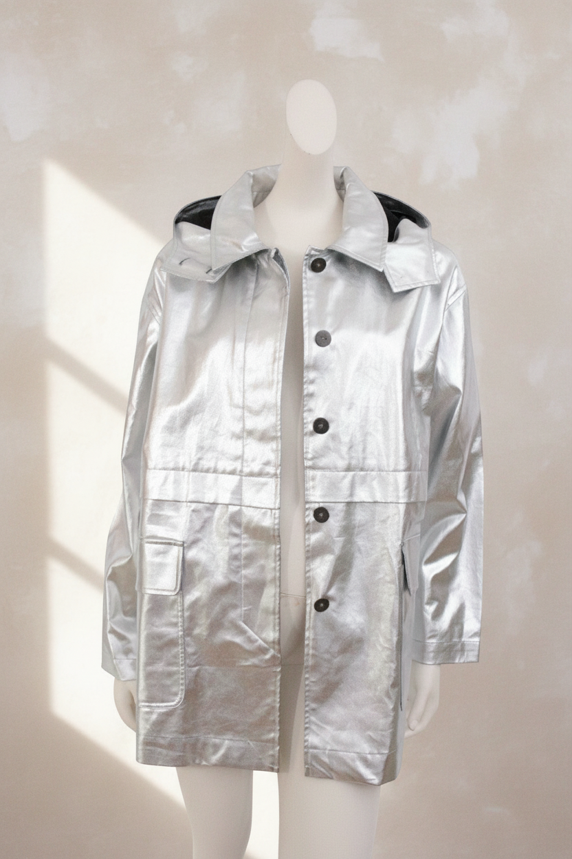 Parka IKKS Frippindealz argentée métallisée avec capuche amovible et fermeture à boutons sur mannequin