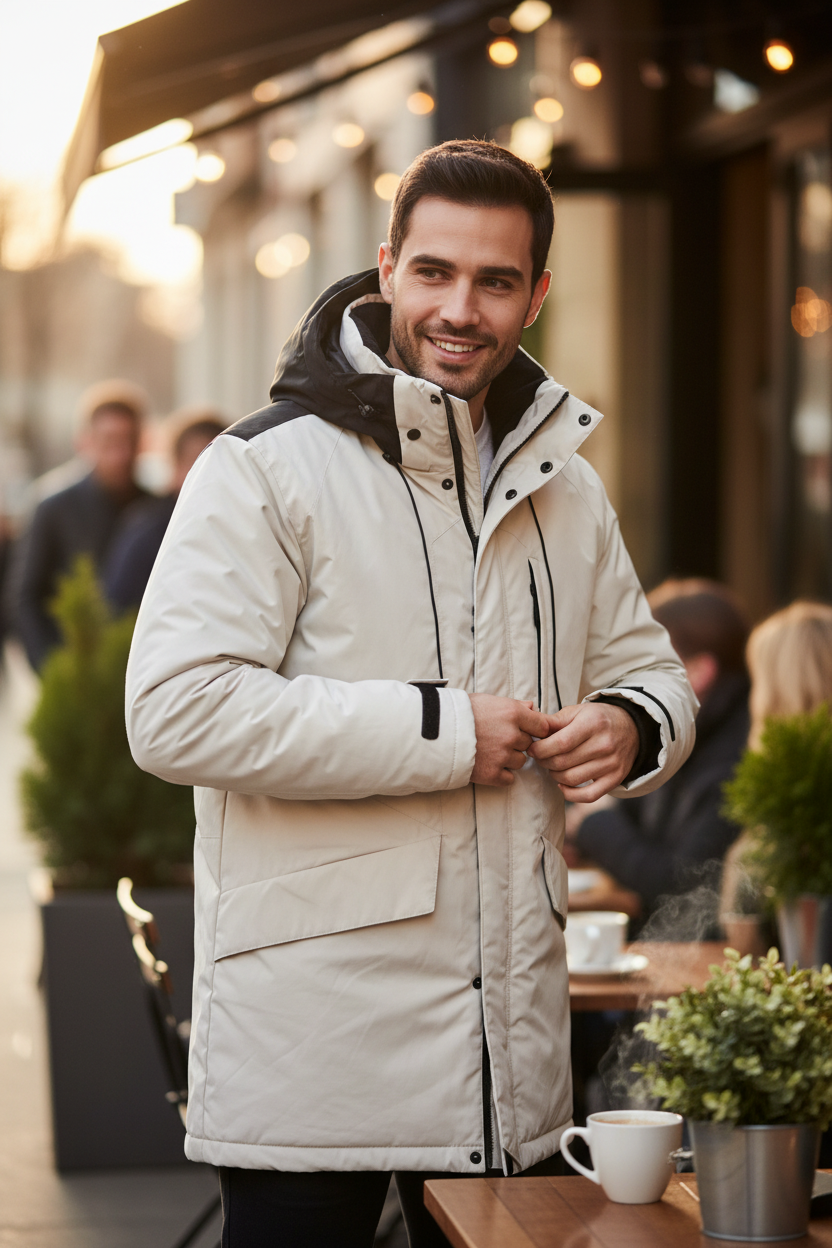 Homme souriant portant une parka Frippindealz bicolore blanc et noir avec capuche, idéale pour l'hiver en ville.