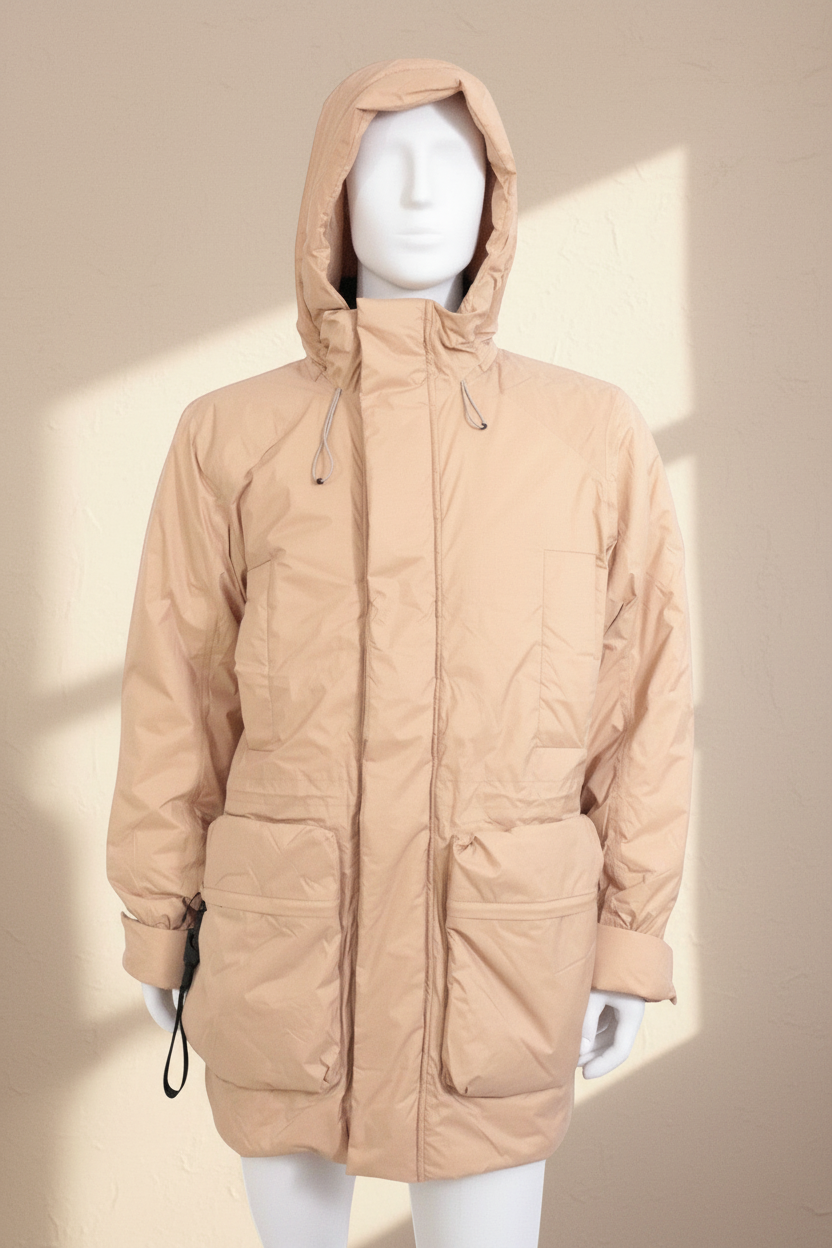 Parka longue beige Frippindealz en nylon et polyester avec capuche, coupe mixte et poches avant, état neuf.