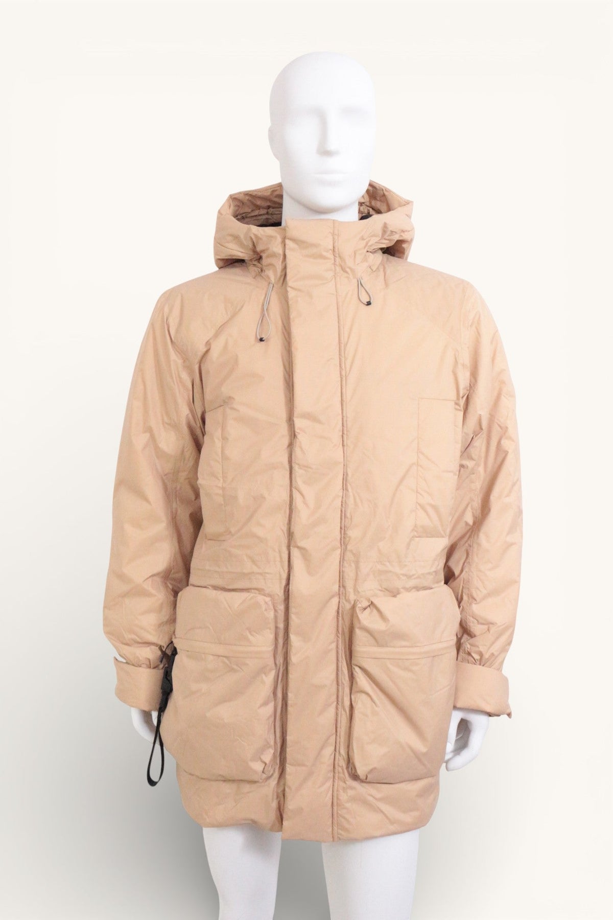 Parka longue beige Frippindealz en nylon et polyester avec capuche et grandes poches, style unisexe imperméable