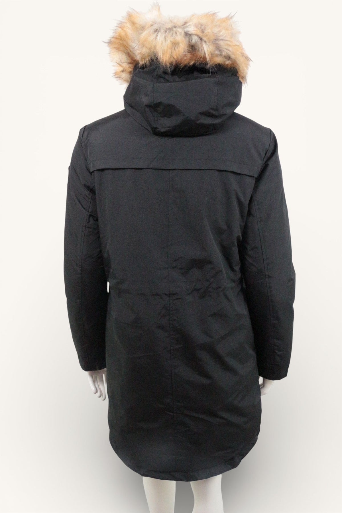 Vue arrière de la parka longue noire Frippindealz avec capuche à fourrure synthétique et cordon de serrage à la taille