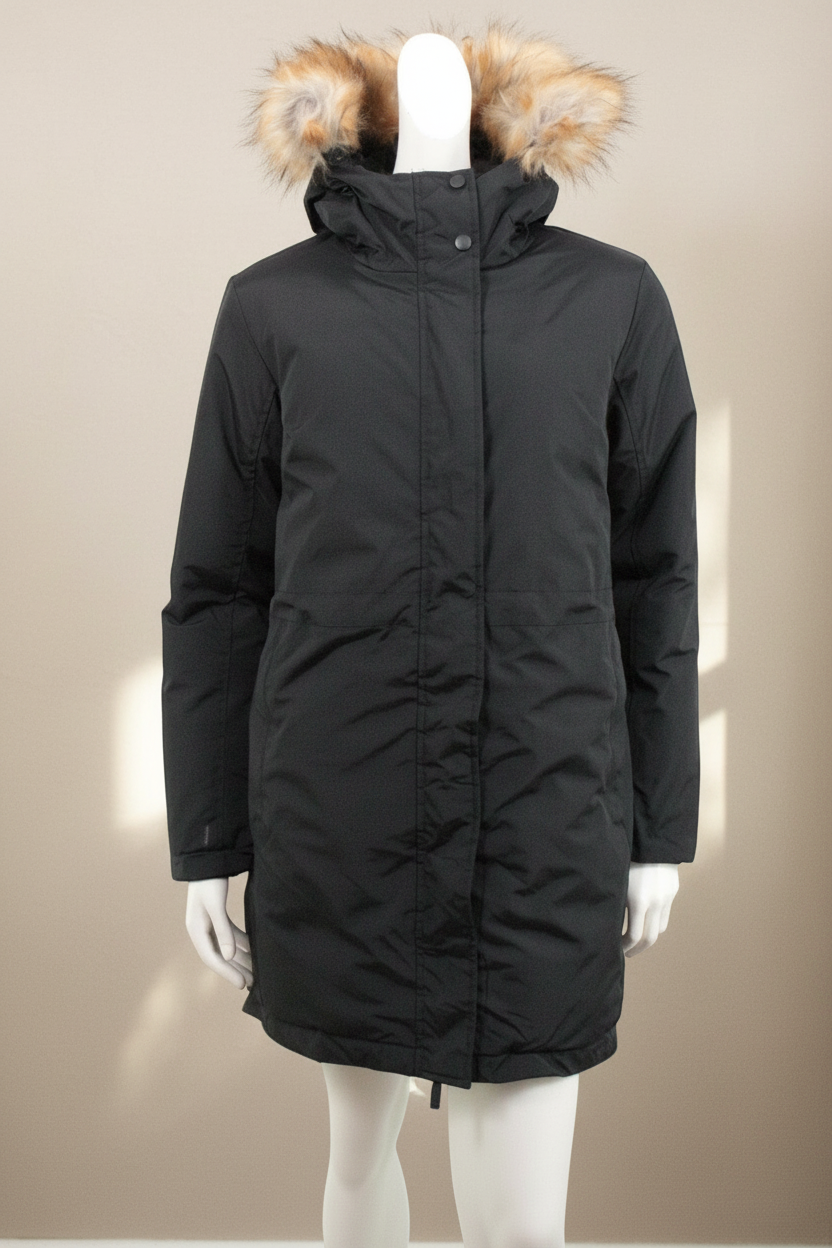 Parka longue noire Frippindealz en polyester et polyamide avec capuche bordée de fausse fourrure