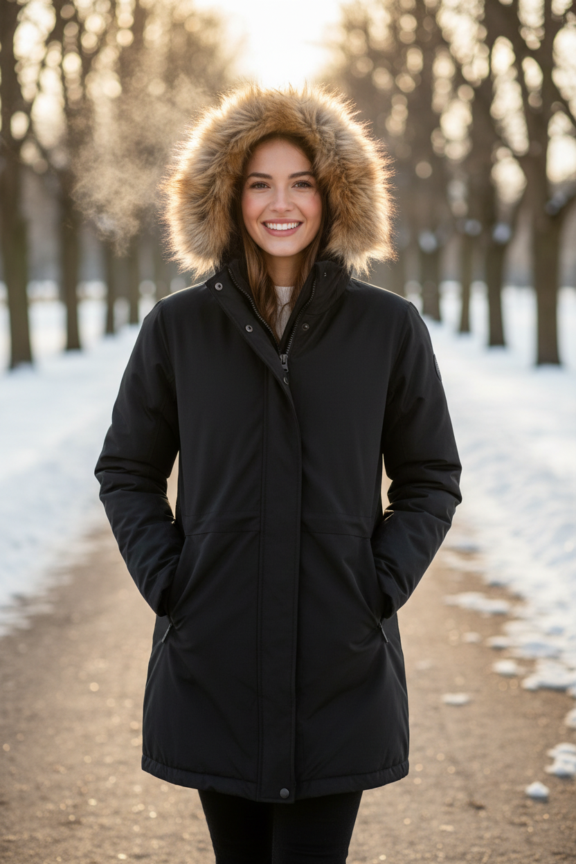 Femme souriante portant une parka Frippindealz noire longue avec capuche à fourrure dans un parc enneigé