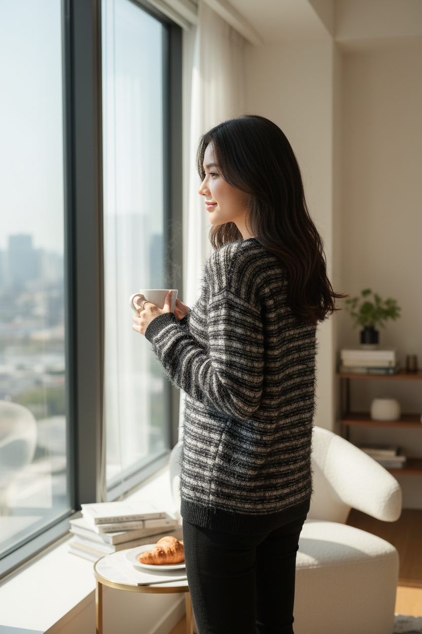 Femme portant un pull rayé noir et blanc Frippindealz Pepe Jeans en coton et polyamide près d'une fenêtre