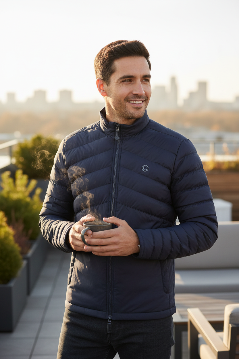 Homme portant une doudoune bleu marine Frippindealz Peter Millar légère sur une terrasse avec une tasse fumante