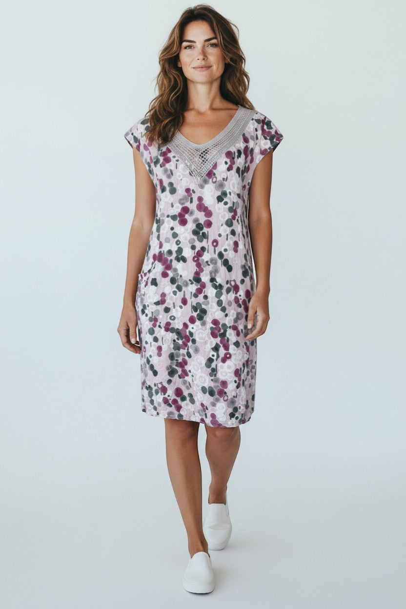Frippindealz pink, fuchsia, and grey floral print linen midi dress with crochet neckline and sequins, size XXL.