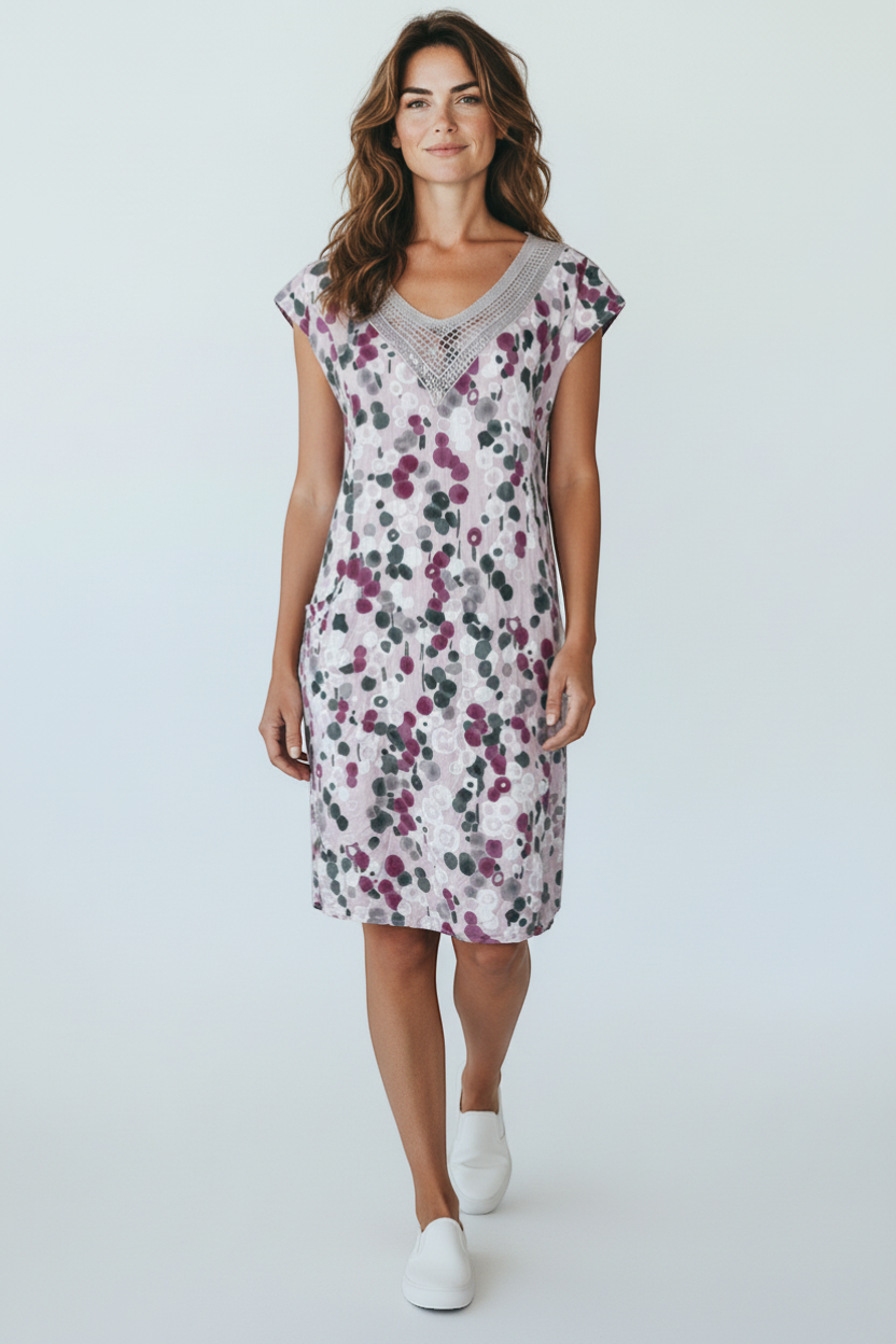 Frippindealz pink, fuchsia, and grey floral print linen midi dress with crochet neckline and sequins, size XXL.