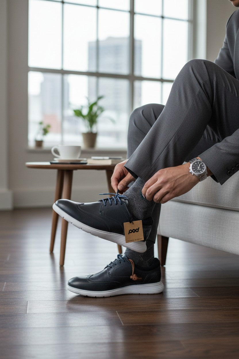 Homme portant des chaussures Frippindealz POD Vantage en cuir bleu marine avec semelle blanche légère style casual chic