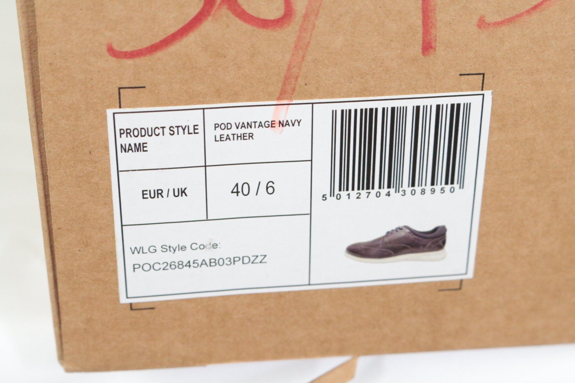 Étiquette de boîte à chaussures Frippindealz pour POD Vantage Navy Leather en cuir bleu marine taille 40