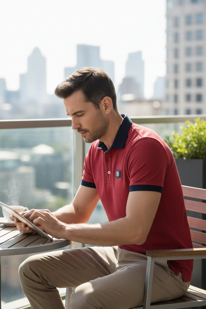 Homme portant un polo Frippindealz Giorgio Di Mare bordeaux chiné en coton avec col et manches bleu marine sur terrasse