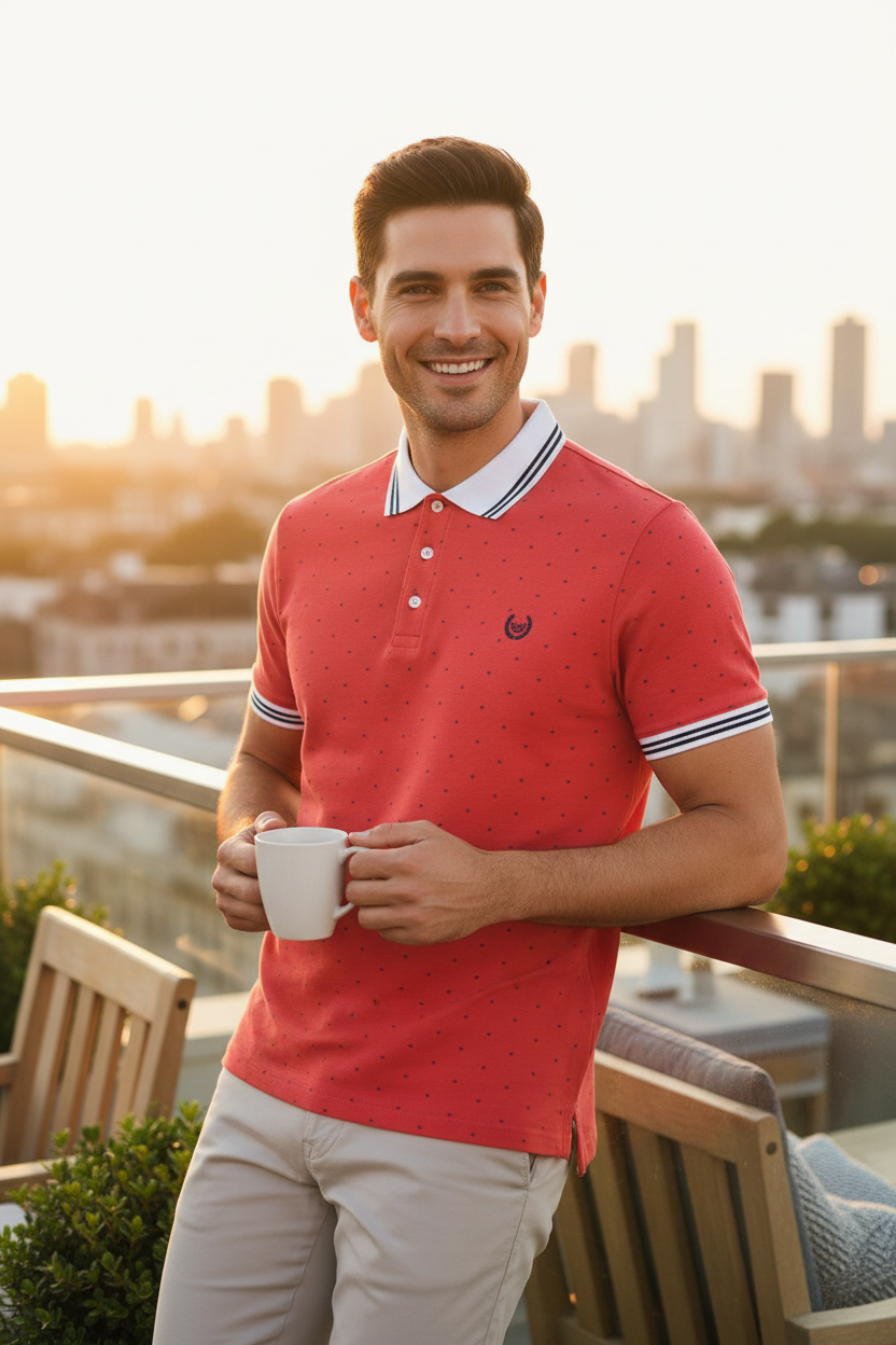 Homme souriant portant un polo Frippindealz Colombo rouge en coton et polyester avec col et bords de manches rayés