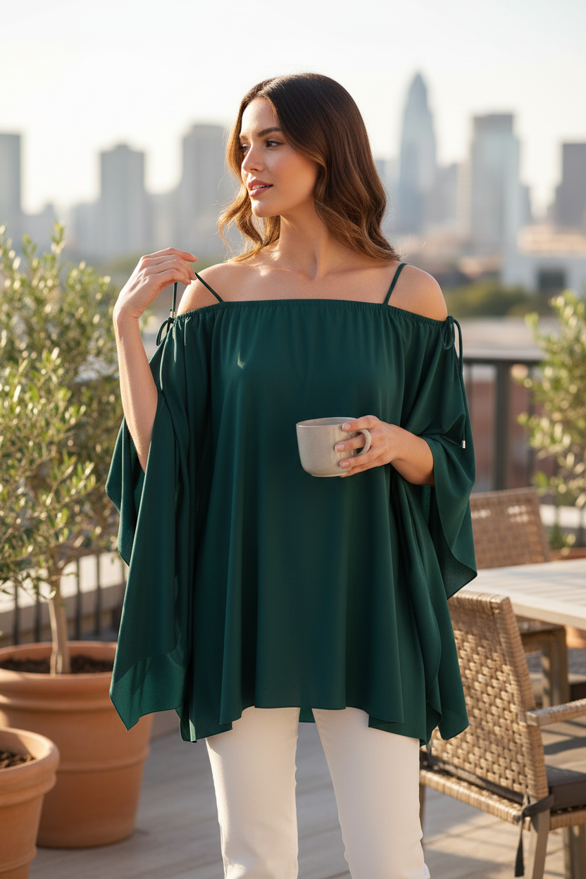 Femme portant un poncho vert émeraude Pain de Sucre en polyamide avec épaules dénudées sur une terrasse urbaine