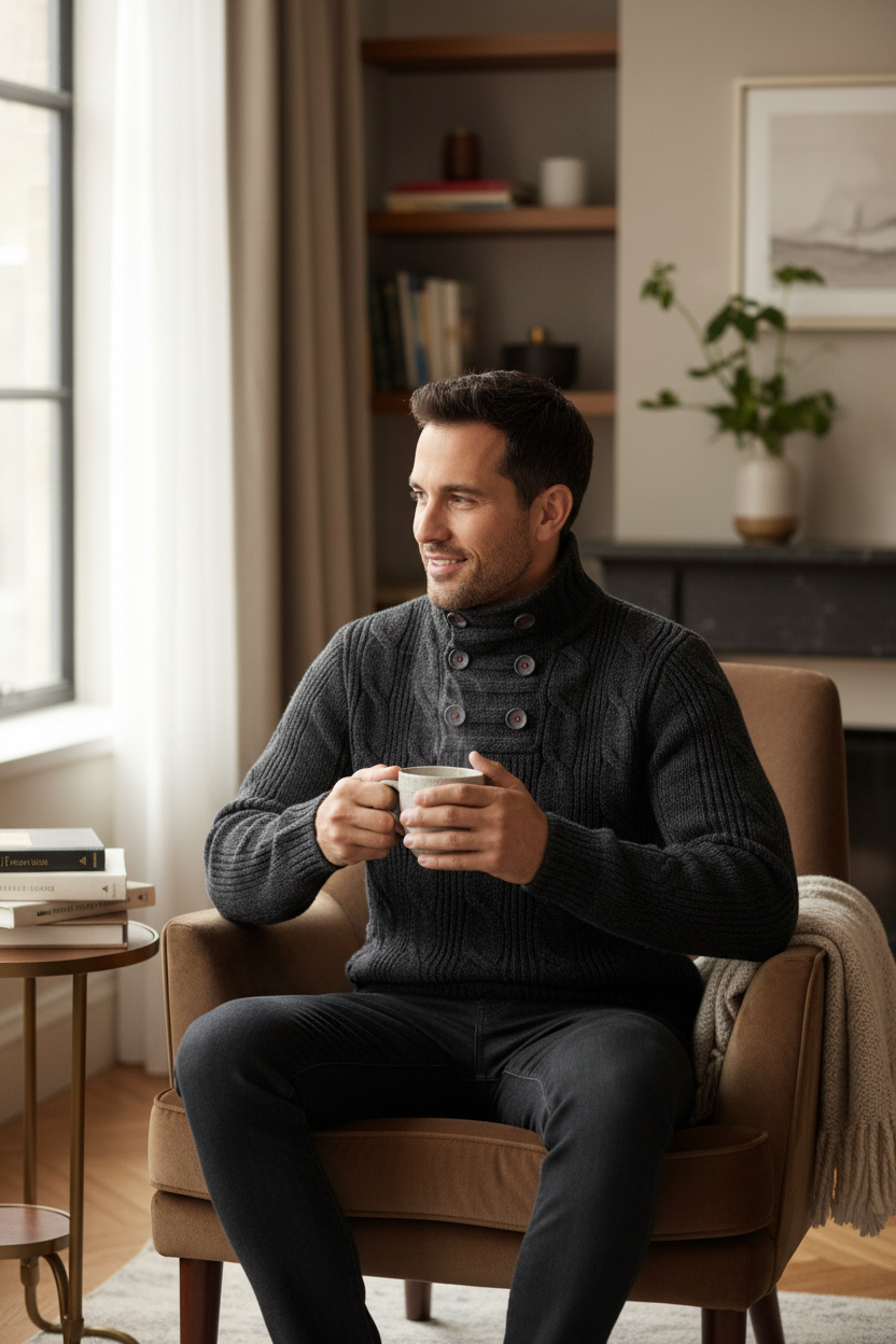 Homme portant un pull CCNT en acrylique gris foncé texturé avec boutons, assis dans un fauteuil Frippindealz