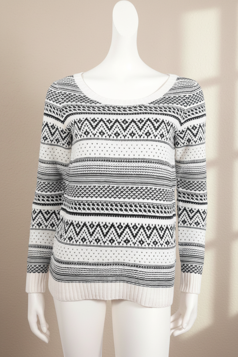 Pull Frippindealz Mim en acrylique noir et blanc avec motifs géométriques et col rond, taille M