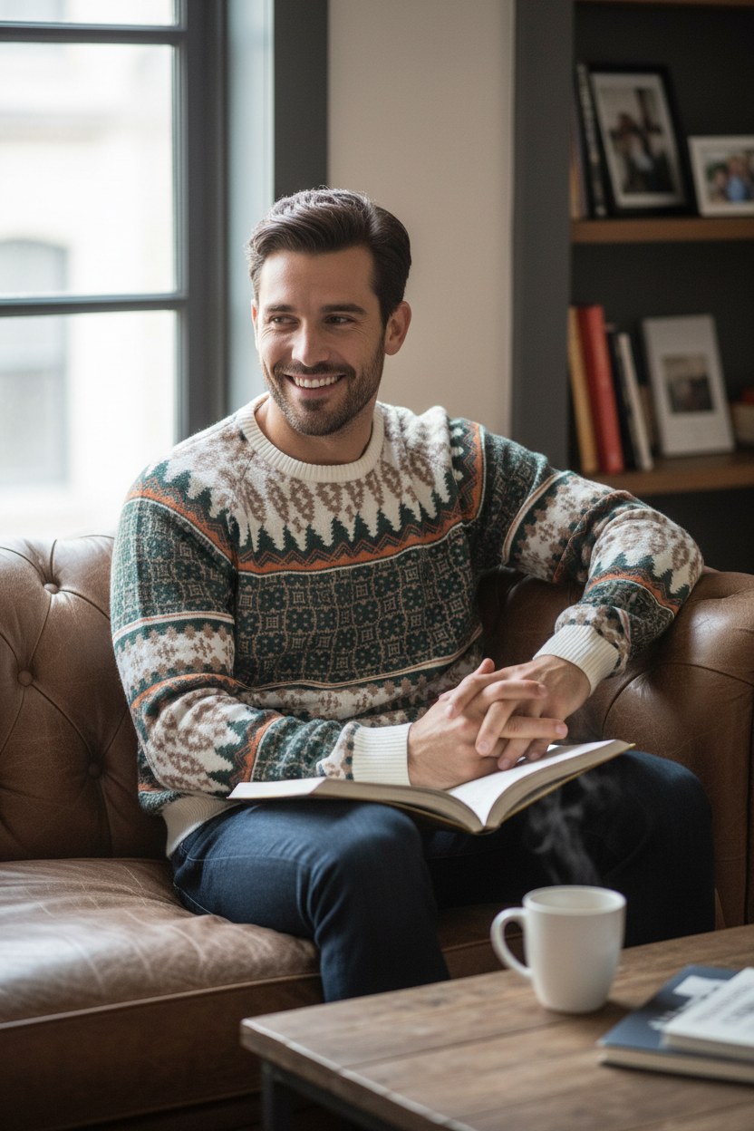 Homme souriant portant un pull Frippindealz en acrylique à motifs rétro géométriques verts, beiges et orange