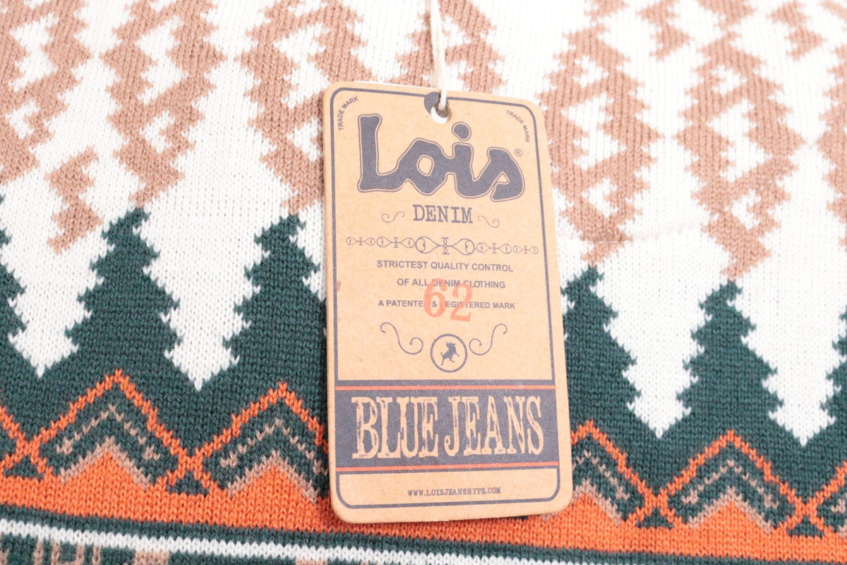 Pull Frippindealz en acrylique à motifs rétro géométriques vert, beige et orange avec étiquette Lois Denim