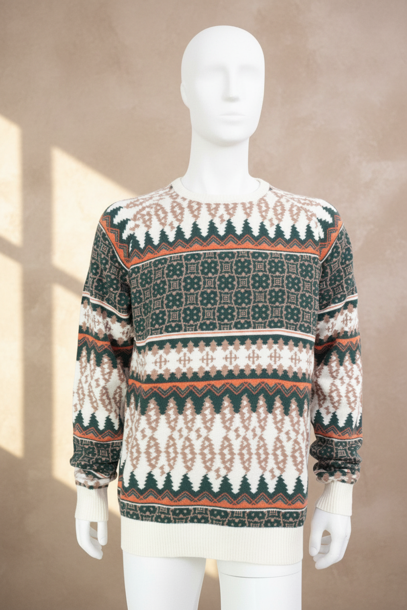 Pull Frippindealz en acrylique à motifs rétro géométriques vert, beige et orange sur mannequin