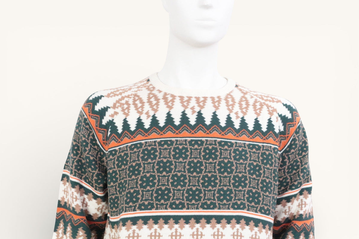 Pull Frippindealz en acrylique à motifs géométriques rétro vert, beige et orange sur mannequin
